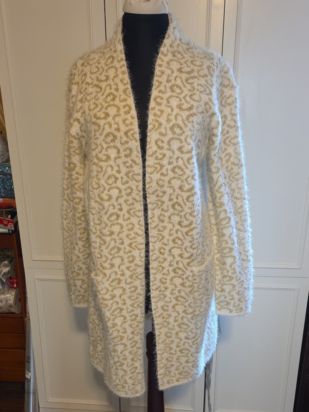 Nine West Fuzzy Open-Front Cream Leopard Cardigan Sweater